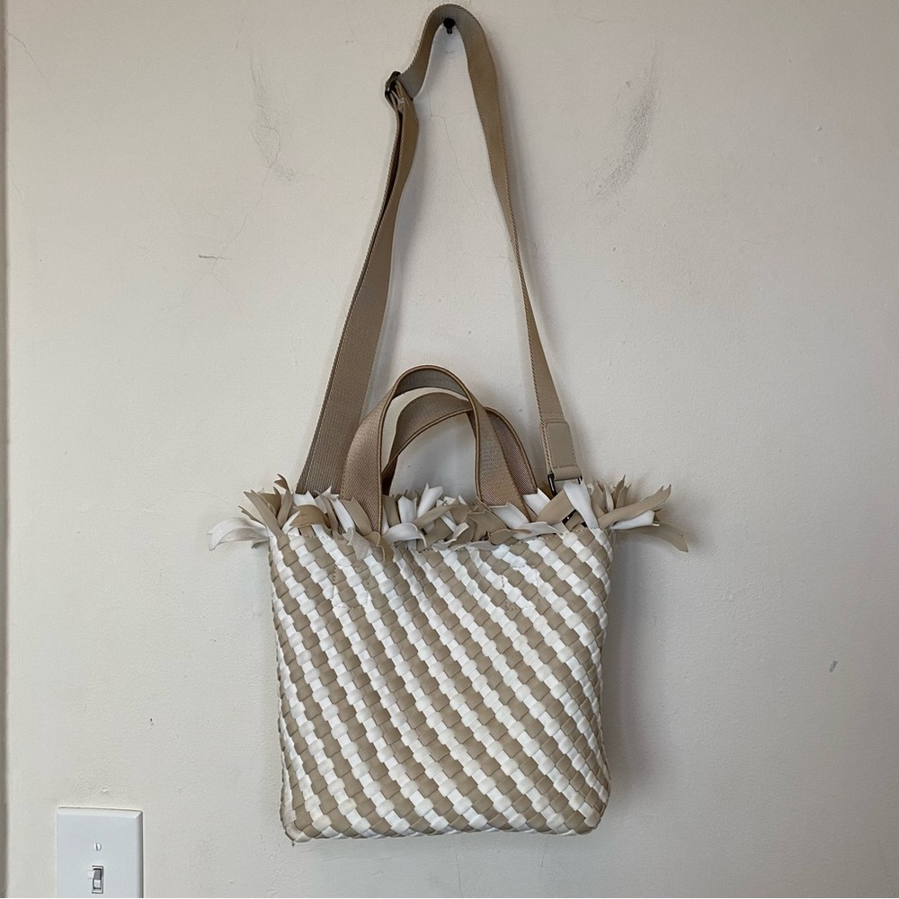 NAGHEDI Havana Small Woven Neoprene Tote Fringe Crossbody Striped Almaza Tan - Picture 14 of 15